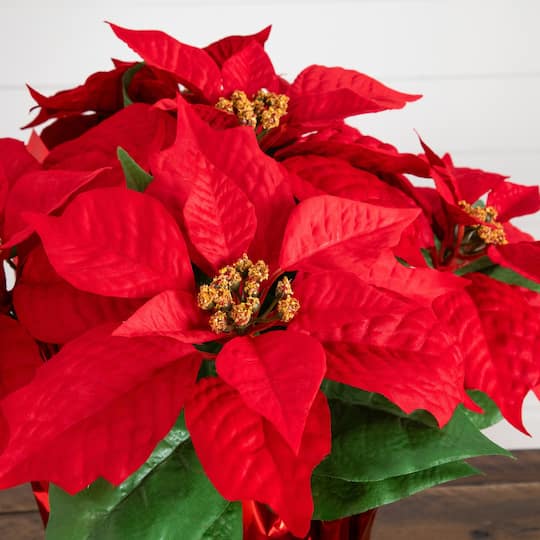 Nearly Natural 13" Artificial Potted Poinsettia Arrangement in Red Wrapped Planters